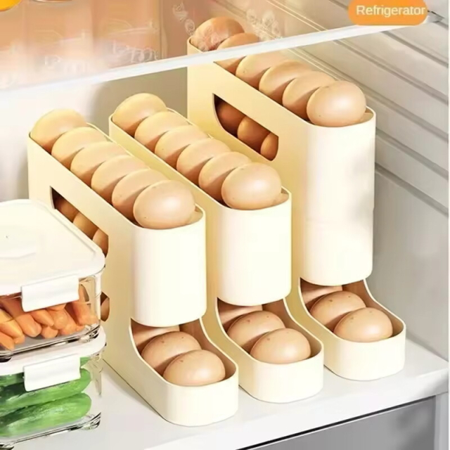 Three egg holders that are holding dozens upon dozens of eggs. For the true egg lover.