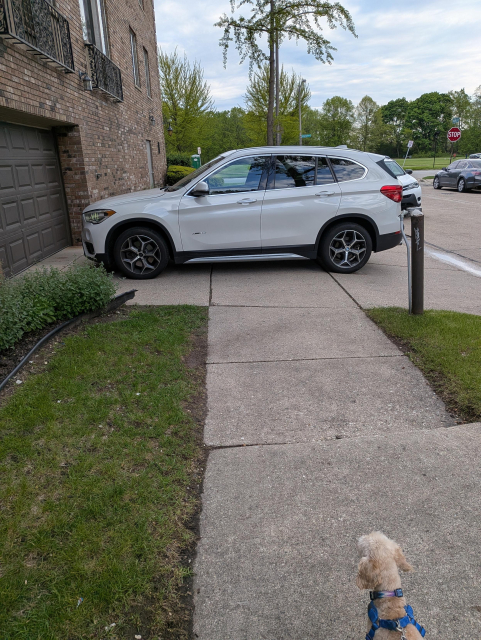 A BMW SUV parked on the sidewalk with the engine running