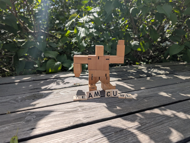 a wooden robot outdoor in front of green bushes, with wooden tiles by its feed that reads "TEAM CURL" (with the R upside down)