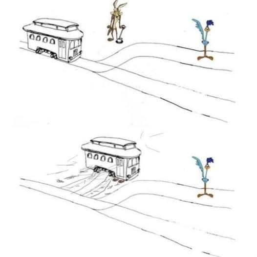 A two-panel cartoon of the Trolley Problem meme. The first depicts Wile E. Coyote at the lever, nothing on the forward track, and the Roadrunner on the alternate track. The second panel shows the trolley has somehow slid off the track straight sideways and crushed Coyote.