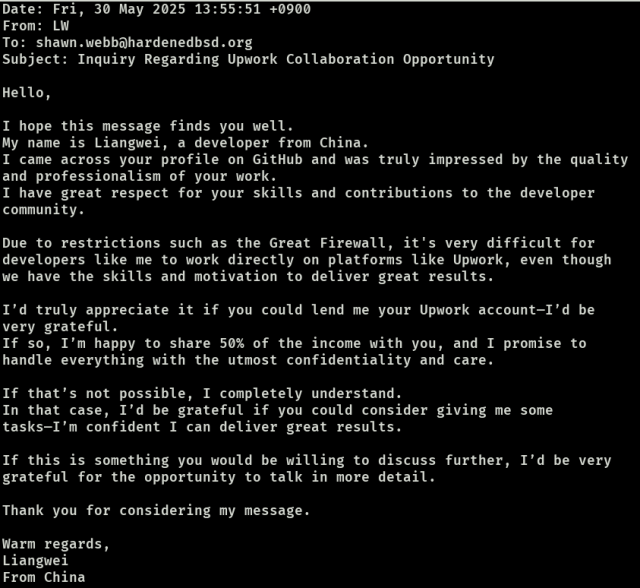 Email from someone claiming to be Chinese wanting to take over my nonexistent Upwork account.
