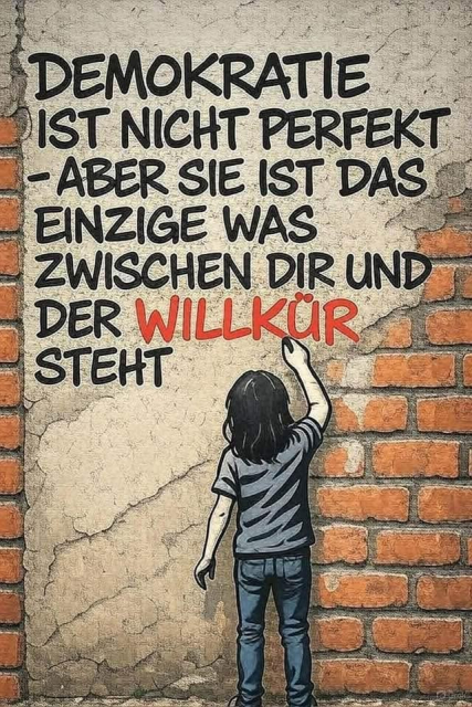 Ein farbige Karikatur zeigt eine verfallene Häuserwand, darauf schreibt ein junger Mensch in schwarzer Schrift:



DEMOKRATIE 
IST NICHT PERFEKT
-ABER SIE IST DAS 
EINZIGE WAS
ZWISCHEN DIR UND 
DER WILLKÜR 
STEHT 

(Das Wort "WILLKÜR" ist in rot geschrieben)