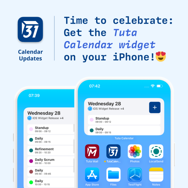 Image with a title "Time to celebrate: get the Tuta Calendar Widget on your iPhone" with two phones displaying Tuta's new Calendar Widget. 