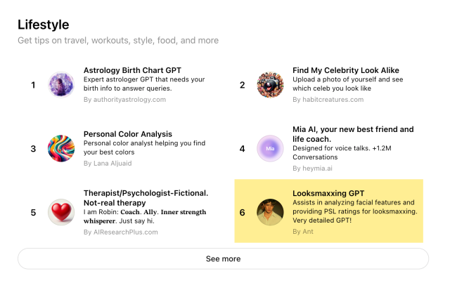A list of "Lifestyle" GPTs from OpenAI's GPT page, showing #6: "Looksmaxxing GPT. Assists in analyzing facial features and providing PSL ratings for looksmaxxing. Very detailed GPT!"