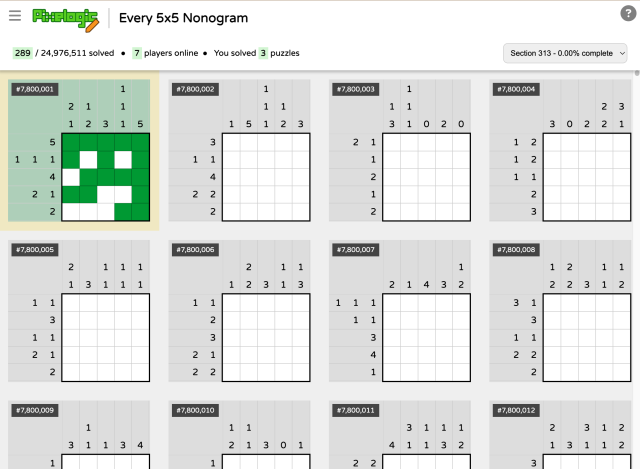 Screenshot of Every 5x5 Nonogram website