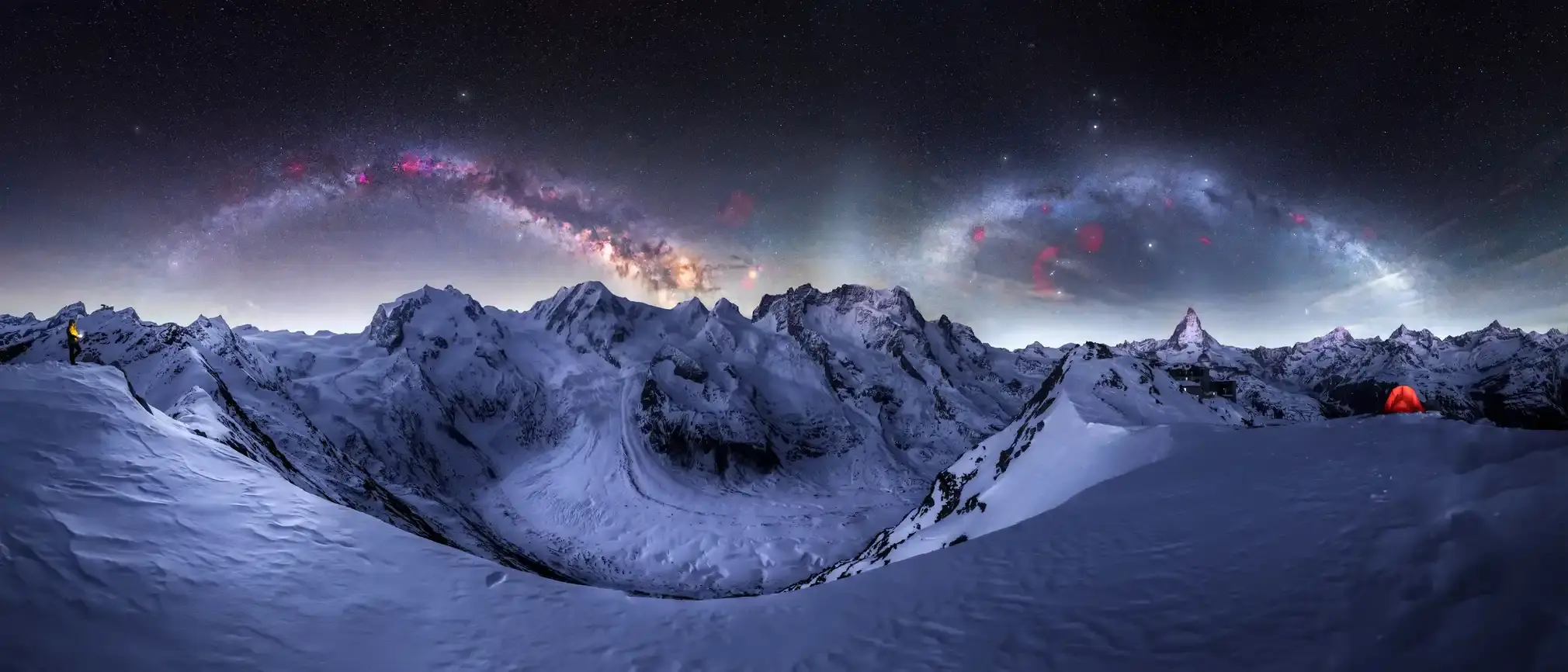 This image captures the rare double arch Milky Way, where both the winter Milky Way (with Orion rising) and the summer Milky Way (with the galactic centre) appear in the same night over Matterhorn.