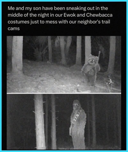 Two pictures of star wars characters in the woods at night.
Me and my son have been sneaking out in the middle of the night in our Ewok and Chewbacca costumes just to mess with our neighbor's trail cams