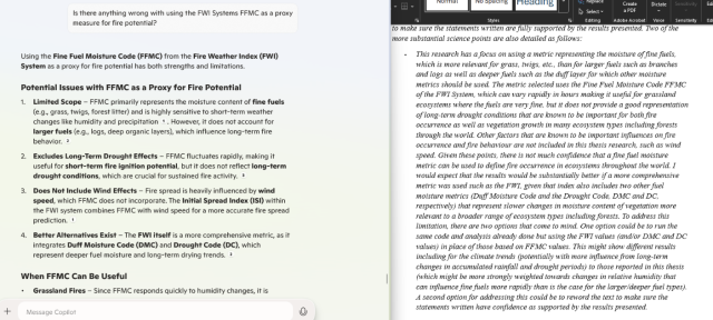 Copilot's response to the leading question of "Why should one *not* use the metric I use throughout my dissertation to study fire potential?" on the left, while the right feature's a reviewer's comments that almost verbatim and in the same order feature the same arguments, many of which are incorrect.
