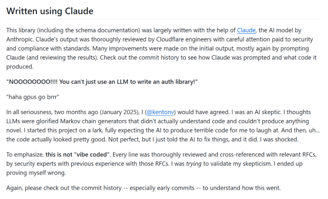 The "Written using Claude" section of the readme at https://github.com/cloudflare/workers-oauth-provider/