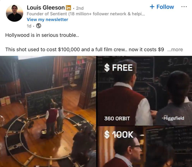 A LinkedIn post by Michael Ashley stating, “The one plot twist Hollywood didn’t see coming…” promoting AI video tool Veo 3, with an image of a classic film actress rendered in high resolution, suggesting AI-powered restoration or generation of film visuals.