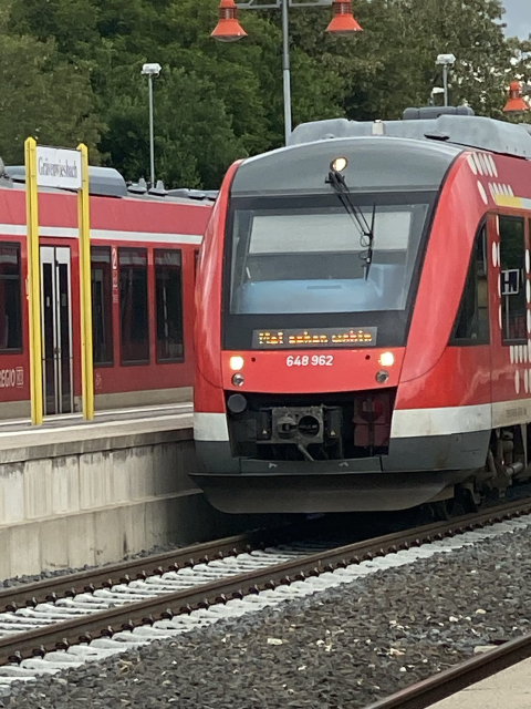 A red train with the destination sign saying "Mal sehen wohin" ('let's see where to")