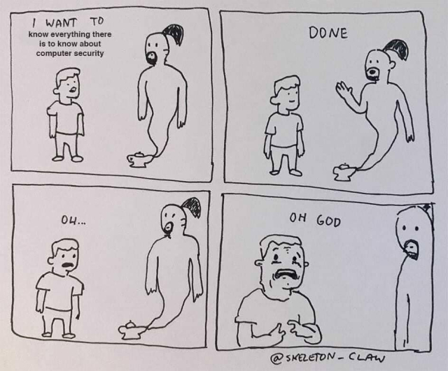 Cartoon of a person with a genie from a lamp.

The person wishes to know everything about computer security. The genie grants the wish.

The person suddenly looks horrified and exclaims "Oh God!"