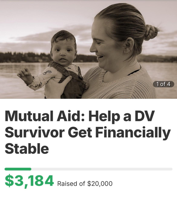 Image: A nonbinary person is smiling and looking at the baby they are holding, who is looking at the camera with an eager expression.

Text:

Mutual Aid: Help a DV Survivor Get Financially Stable

Visual fundraising status of $3,184 raised towards a $20,000 goal.