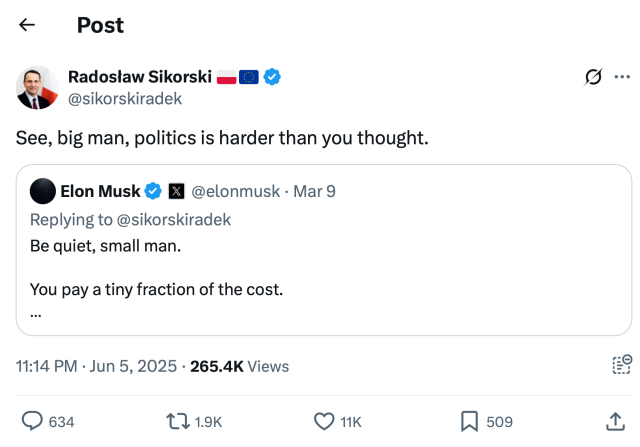 Radosław Sikorski now replies to Musk: “See, big man, politics is harder than you thought.”