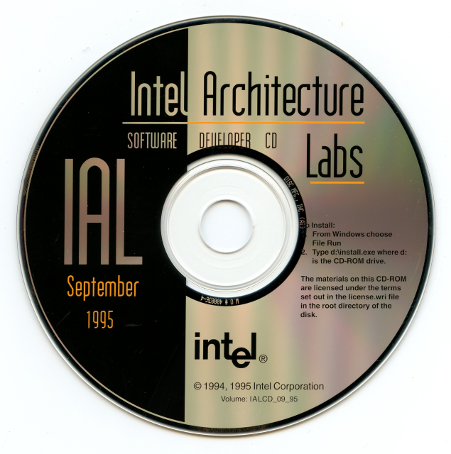 Photo of an Intel Architecture Labs CD-R or CD-ROM from the mid 1990's (september 1995), stolen from archive dot org which has exactly two CD's backed up.