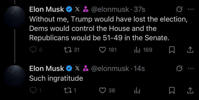 ™  Elon Musk @ X & @elonmusk - 37s &) Without me, Trump would have lost the election, Dems would control the House and the Republicans would be 51-49 in the Senate.  Elon Musk @ X/ & @elonmusk - 14s Such ingratitude