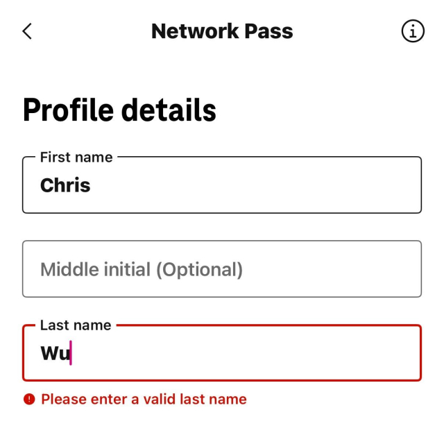 A T-Mobile form for first and last name. My last name is rejected with the error “Please enter a valid last name“.