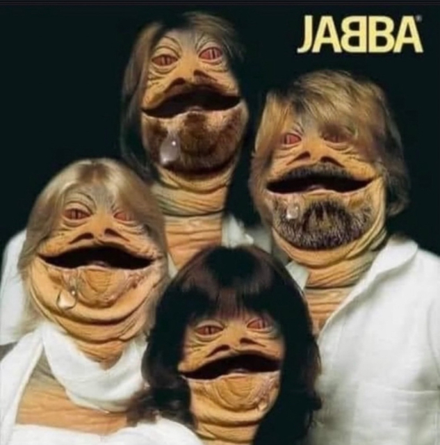 A famous Abba album cover with the four faces replaced with the one of Jabba the hutt, labelled Jabba (with the third B reversed as in the Abba original artwork)