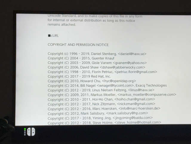 Screenshot from Nintendo Switch 2, showing curl and series of copyright holders.