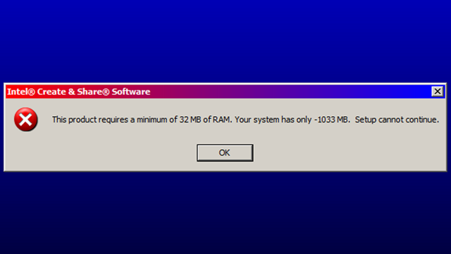"This product requires a minimum of 32 MB of RAM. Your system has only -1033 MB. Setup cannot continue."
