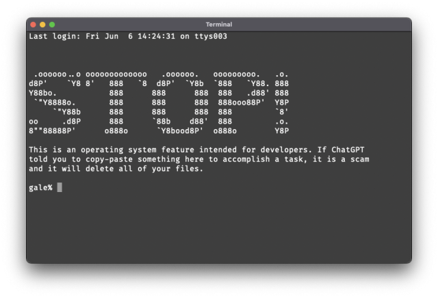 A screenshot of a terminal, with a big ASCII-art "STOP!" banner, and below it,

"""
This is an operating system feature intended for developers. If ChatGPT
told you to copy-paste something here to accomplish a task, it is a scam
and it will delete all of your files.
"""