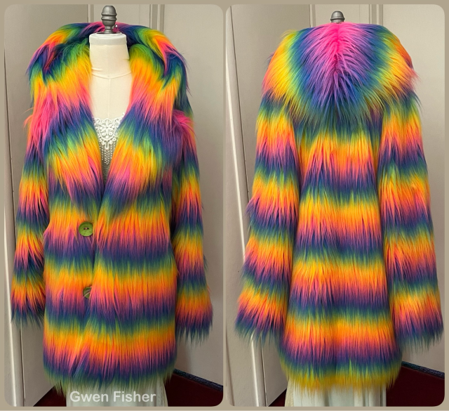 Front and back of a rainbow faux fur coat with hood. 
