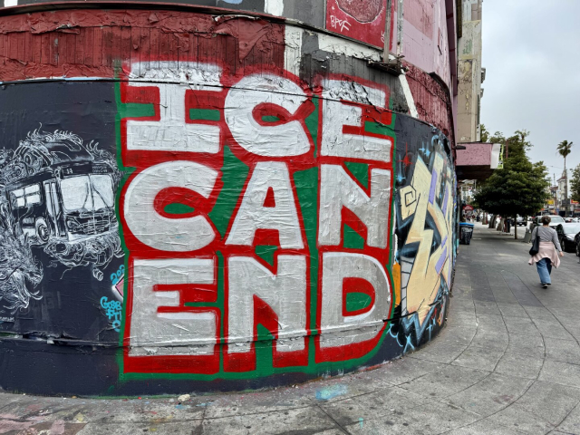 Large graffiti on a wall in San Francisco. The text has three words, Ice, Can, and End, written in a 3 by 3 square. So the words can be read from left to right, or from top to bottom. The letters are on a wall filled with other graffiti pieces by other artists.