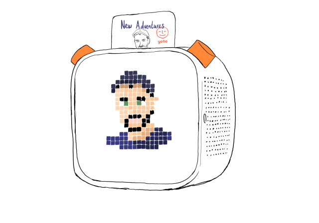 A hand-drawn illustration of a Yoto Player. A card with Yoto's logo and titled “New Adventures” is inserted at the top, featuring a rough black and white sketch of my face. On the screen, a colorful pixel art version of the same face is displayed, wearing a navy cap and jumper.