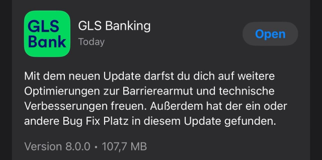 App Store description: Mit dem neuen Update darfst du dich auf weitere Optimierungen zur Barrierearmut und technische Verbesserungen freuen. Außerdem hat der ein oder andere Bug Fix Platz in diesem Update gefunden.
