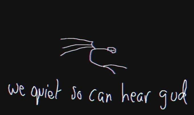 My favorite drawing of the Kali Linux dragon logo, except it's a stick figure with little stick wings, two stick legs, and a smile. Text at the bottom says, "we quiet so can hear gud"
The drawing and text is white on a black background.