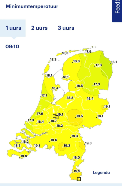 Map showing lows from 18Cv on the North to almost 20C in the south of the Netherlands 