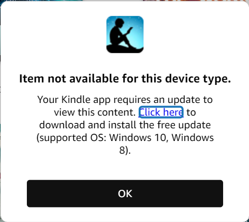 Kindle error message saying I need a newer version.