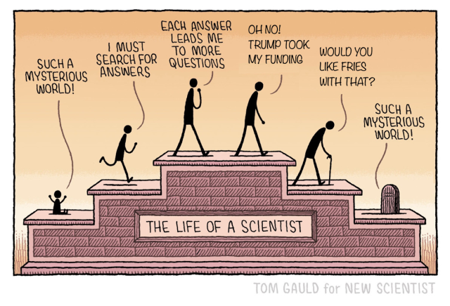 A cartoon titled ‘The Life of a Scientist’.

(The life is depicted as a set of steps, three up then three down with a character on each)

Baby: Such a mysterious world! 
Child: I must search for answers 
Young adult: Each answer leads me to more questions 
Middle age: Oh no! Trump took my funding
Old age: Would you like fries with that?
From grave: Such a mysterious world!