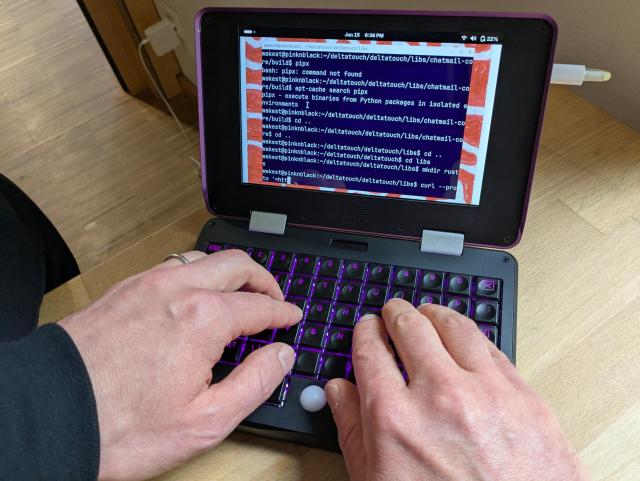A photo of lk108's hands on an MNT Pocket