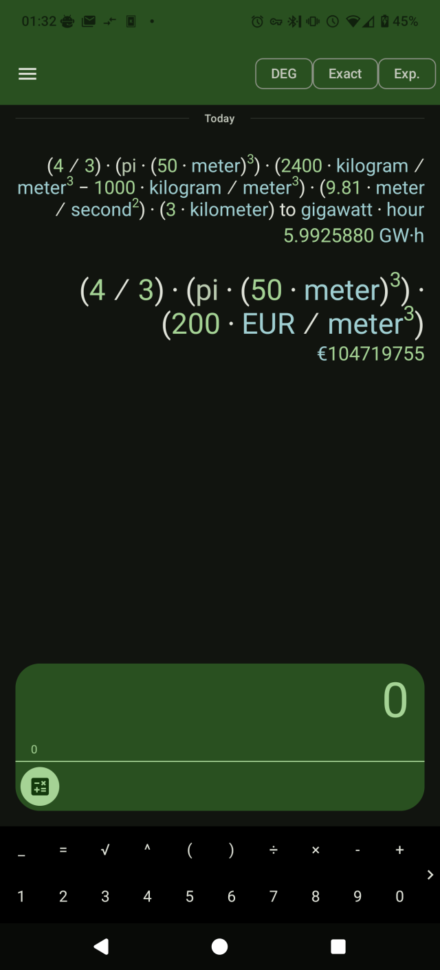 A screenshot of the qalculate app on android, calculating the stored energy potential and cost of a 100m diameter concrete ball lowered in 3km deep water.