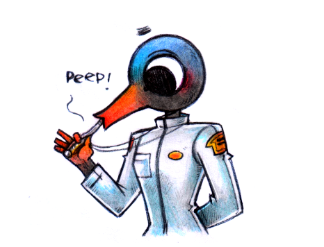 A stylized humanoid bird, that is dressed in a white uniform with yellow tags, is blowing on a boatswain's call. The call sound is written as a "Peep!"