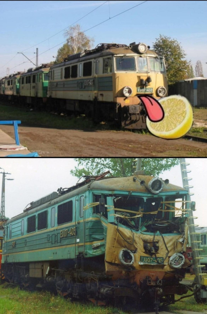 [top image] an eu07 loco looking like it's licking a lemon
[bottom image] a photo of eu07 after a recent crash, with its eyes going inwards