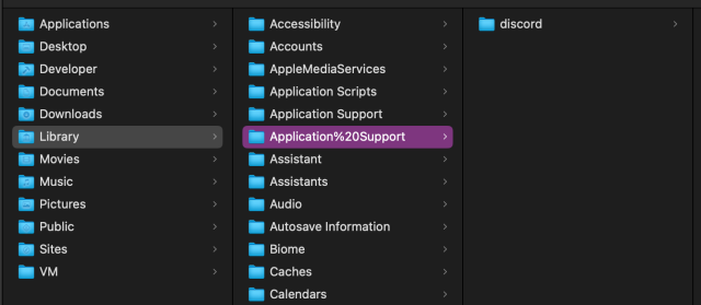 Screenshot of macOS Library folder, containing a folder called Application%20Support. It has a single folder inside: discord.