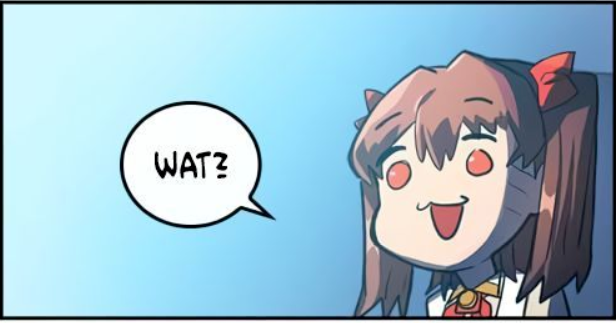 Comic drawing of a girl smiling and saying "wat?"