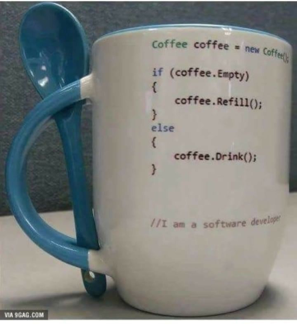 Coffee coffee = new coffee( );
if (coffee.Empty)
{
coffee.Refill();
}
else
{
coffee.Drink();
}

// I am a software developer 
