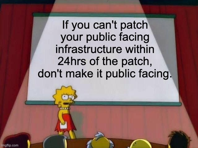 Lisa Simpson on stage with a presentation slide that says "If you can't patch your public facing infrastructure within 24hrs of the patch, don't make it public facing."