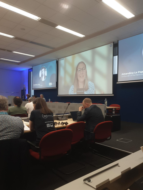 Photo of large video screen with Amandine Le Pape speaking on it.
