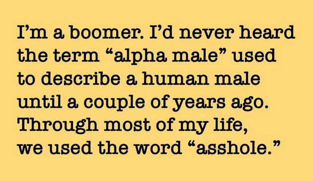 I'm a boomer. I'd never heard the term "alpha male" used to describe a human male until a couple of years ago. Through most of my life, we used the word "asshole."