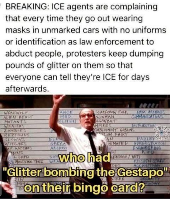 BREAKING: ICE agents are complaining that every time they go out wearing masks in unmarked cars with no uniforms or identification as law enforcement to abduct people, protesters keep dumping pounds of glitter on them so that everyone can tell they're ICE for days afterwards.

Who had "Glitter bombing the Gestapo" on their bingo card?