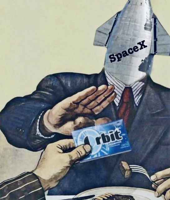 A man in a suit whose head has been replaced with the top of a SpaceX rocket. His right arm is stretched out as if to say "no".

Another hand reaches in from off screen and appears to be offering the SpaceX rocket head man a pack of Orbit gum.