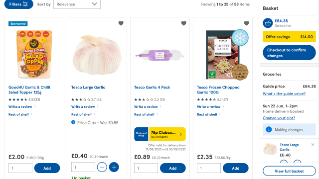 A search result from the Tesco Groceries website showing that a sponsored Garlic & Chilli Salad Topper is listed before any actual garlic.