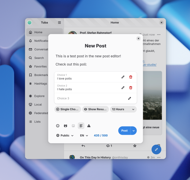 Tuba window at desktop size, with the new post dialog on a GNOME wallpaper background. The dialog has a modern layout with a large title, close button, and large pill action button at the bottom. The post is showing off the poll editor.
