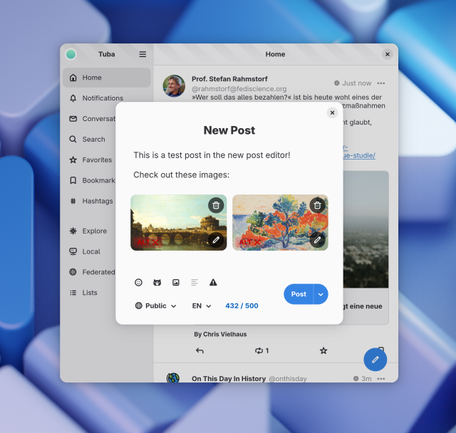 Tuba window at desktop size, with the new post dialog. The dialog has a modern layout with a large title, close button, and large pill action button at the bottom. The post is showing off the the image previews, there are 2 attached images at the bottom.