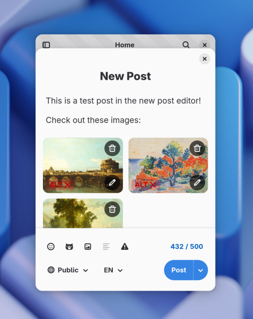 Tuba window at mobile size, with the new post dialog as a bottom sheet. The dialog has a modern layout with a large title, close button, and large pill action button at the bottom. The post is showing off the the image previews, there are 3 attached images at the bottom.
