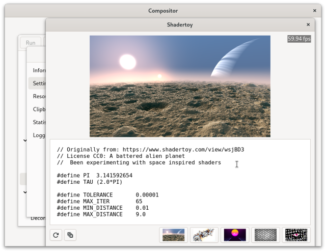 Gtk 4 shadertoy demo running at 60fps under Casilda Wayland compositor widget.